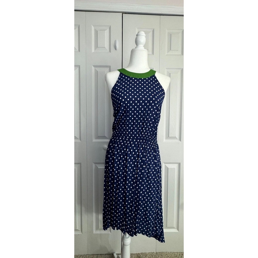 Anthropologie Lilka Halter Neck Dress Women's Small Navy White Polka Dot Classic